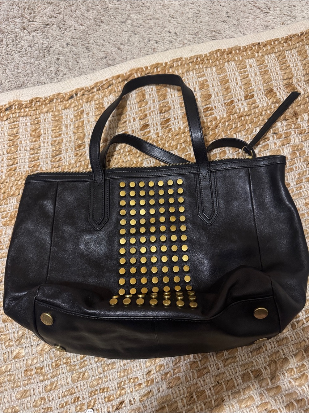 Black Leather Fossil Tote with Gold Stud Detail